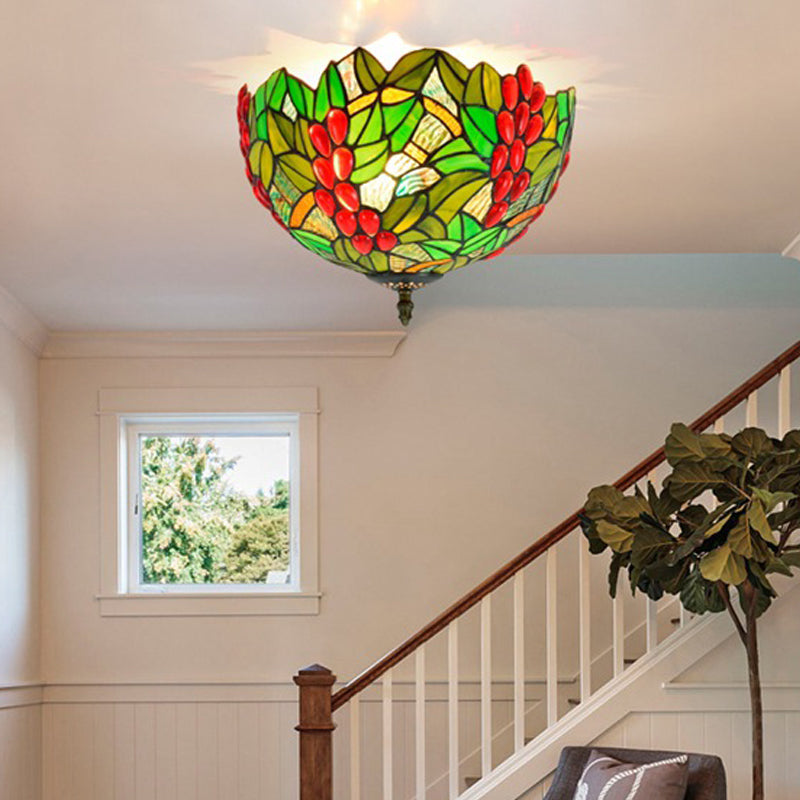 Tiffany-Style Leafy Ceiling Flush Mount Light Fixture - 2/5 Heads Bronze 12/16.5 Width / 12