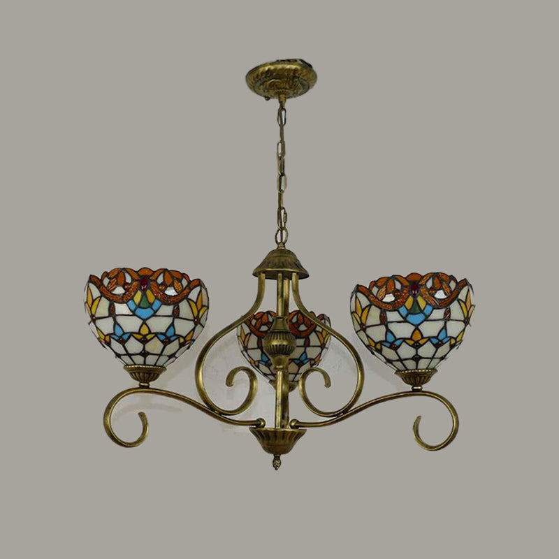Stained Glass Tiffany Pendant Chandelier In Antique Brass - Domed Shape 3/6/8 Lights 3 /