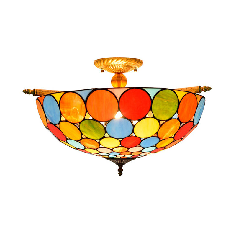Tiffany - Style Stained Glass Circle Flush Mount Lighting With 5 Brass Heads - 21.5’/25.5’ Wide