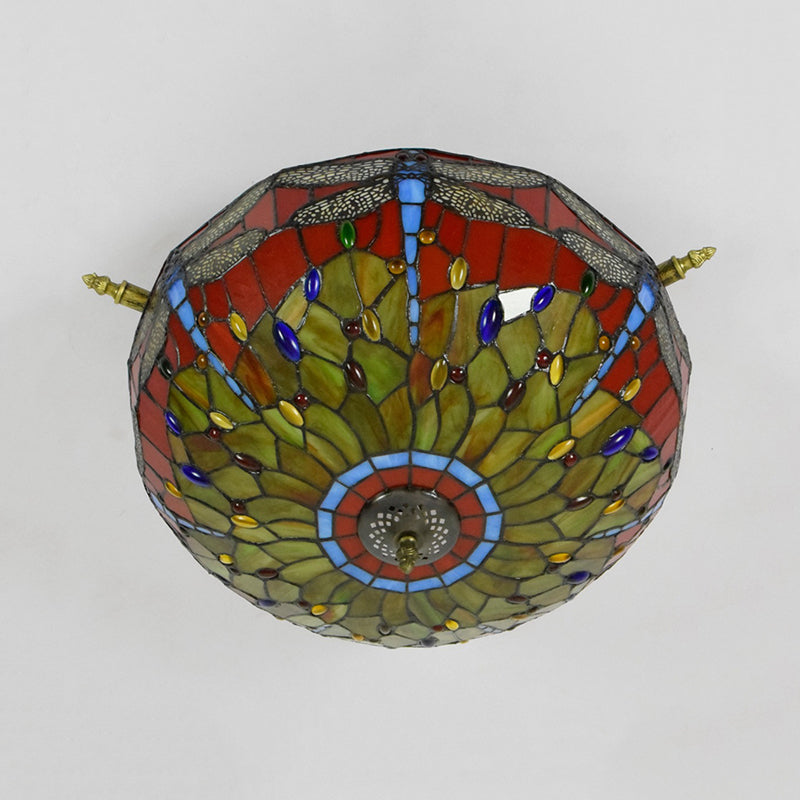 Dragonfly Ceiling Tiffany Brass Stained Glass Flush Mount Light - 5 Lights 21.5’/25.5’ Width