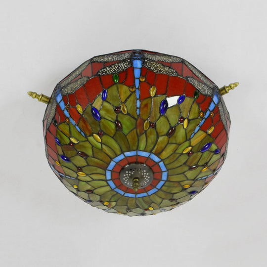 Dragonfly Ceiling Tiffany Brass Stained Glass Flush Mount Light - 5 Lights 21.5’/25.5’ Width