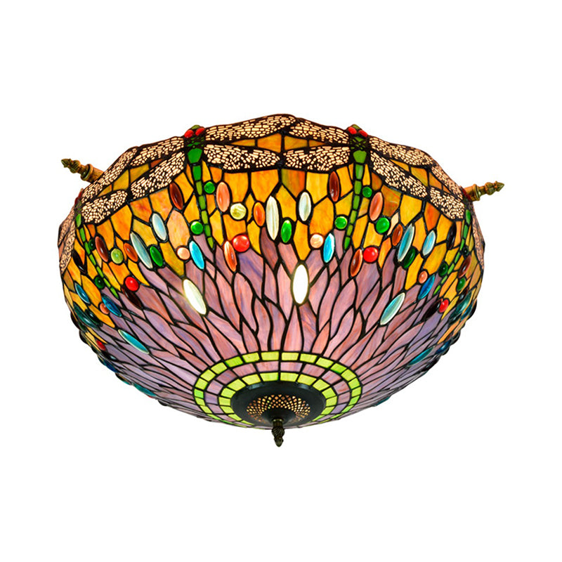 Tiffany - Style Dragonfly Stained Art Glass Ceiling Flush Mount With 5 Red/Blue Heads