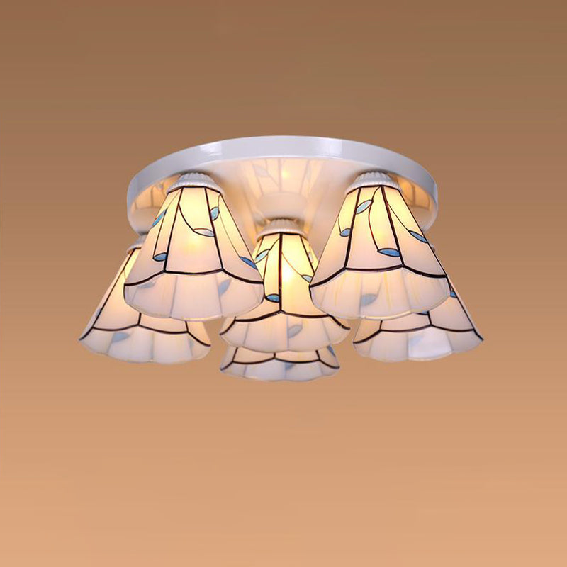 Blue Stained Glass Tiffany Ceiling Lamp For Living Room - Leaf/Stripes Flush Mount With 3/6 Lights