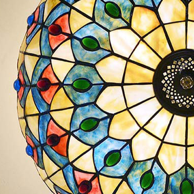 Antique Brass Stained Glass Tiffany Ceiling Light With Jeweled Semi Flush Mount - 4 Lights