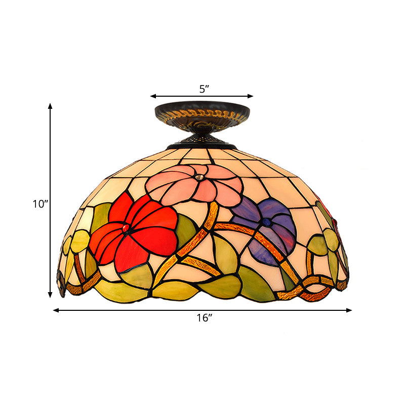 Tiffany Peony Flush Mount Lamp: Stained Glass Ceiling Lighting Fixture In Bronze 12/16 Wide