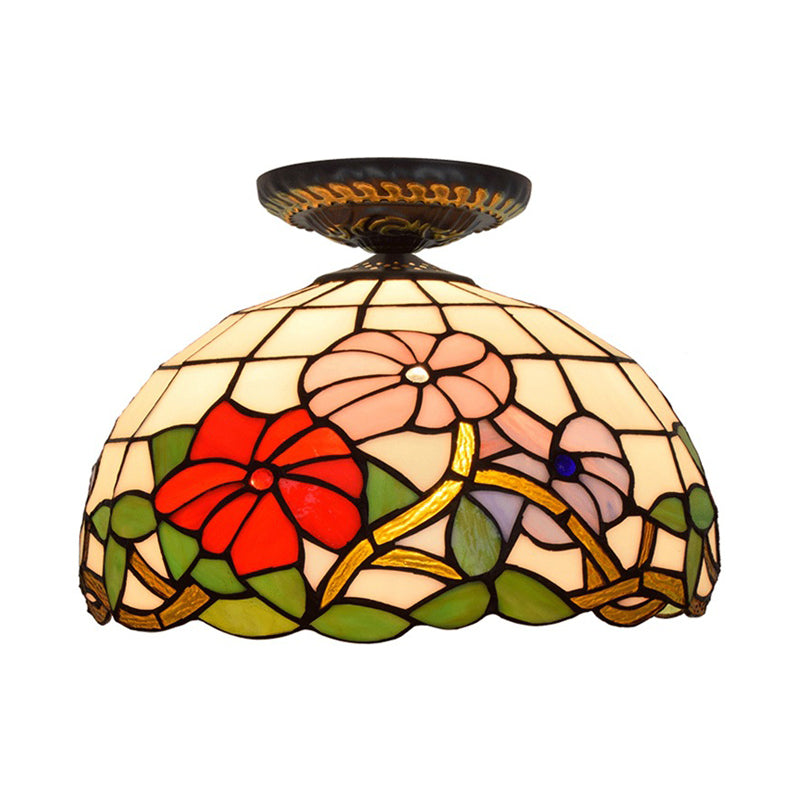 Tiffany Peony Flush Mount Lamp: Stained Glass Ceiling Lighting Fixture In Bronze 12/16 Wide
