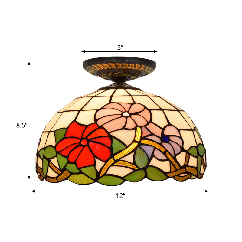 Tiffany Peony Flush Mount Lamp: Stained Glass Ceiling Lighting Fixture In Bronze 12/16 Wide