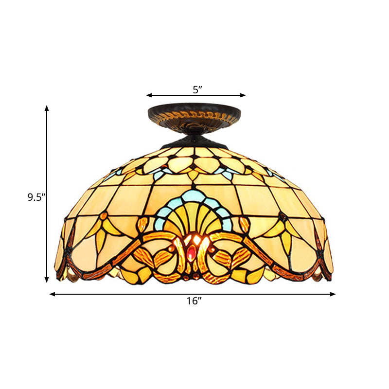 Tiffany Hand Rolled Art Glass Floral Flush Mount Light With Yellow/Blue Shade 12/16 W