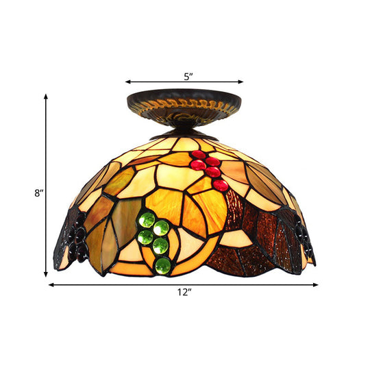 Grape Ceiling Lighting Tiffany Brass Stained Glass Flush Mount Light 1-Light 12’/16’ Width