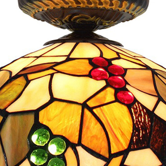 Grape Ceiling Lighting Tiffany Brass Stained Glass Flush Mount Light 1-Light 12’/16’ Width