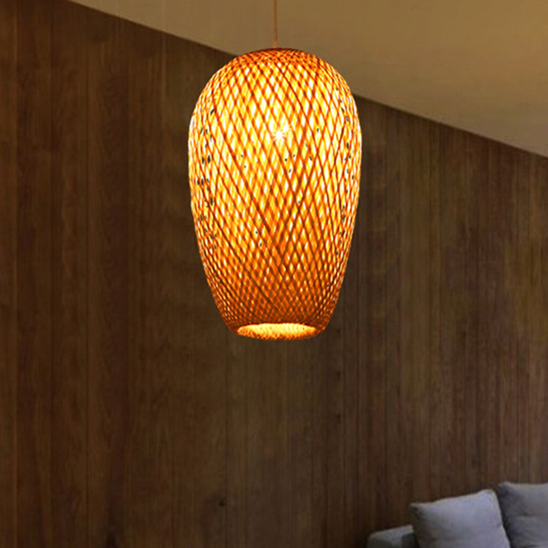 14.5’ H Bamboo Oblong Pendant - 1 Light Asia Hanging Ceiling In Beige