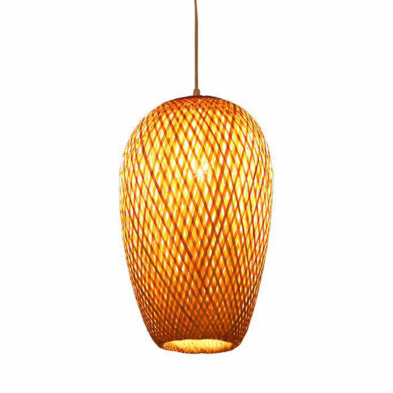 14.5’ H Bamboo Oblong Pendant - 1 Light Asia Hanging Ceiling In Beige