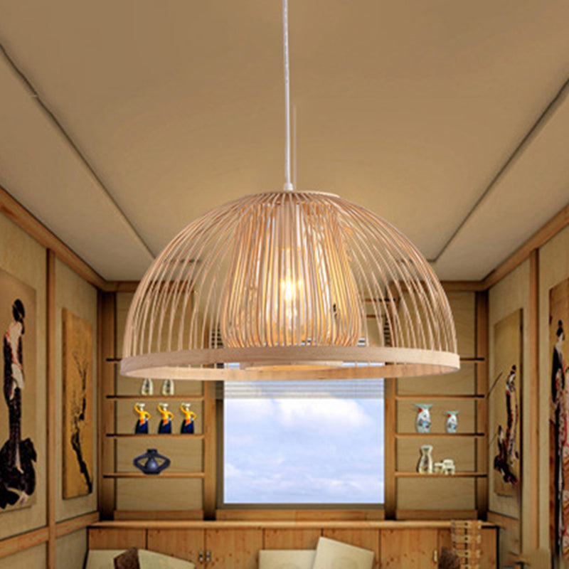 16’/19’ Modern Bamboo Domed Ceiling Pendant Light - 1 Beige Hanging Lamp Kit