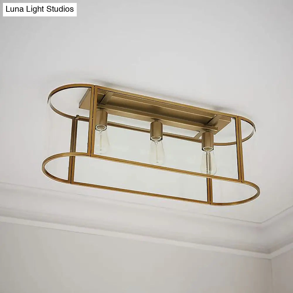 3 - Head Flush Mount Light: Metal Warehouse Corridor Lighting With Oval Clear Glass Shade In