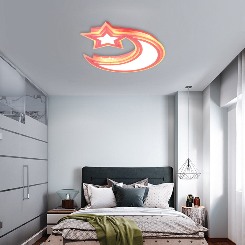 Kids Cartoon Acrylic Led Flush Ceiling Light - Crescent And Star Design For Bedroom