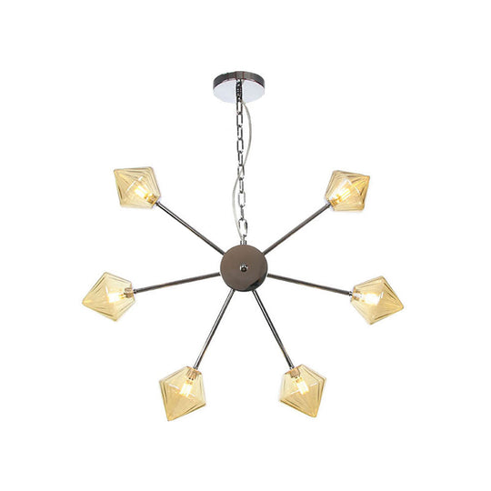 Industrial Amber/Clear Glass Diamond Shade Chandelier Lamp With Multiple Heads In