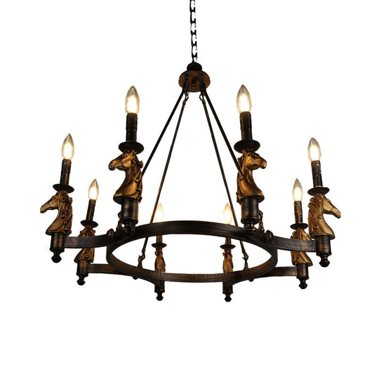 Brass Industrial Wagon Wheel Chandelier With 8 Lights - Perfect For Dining Room