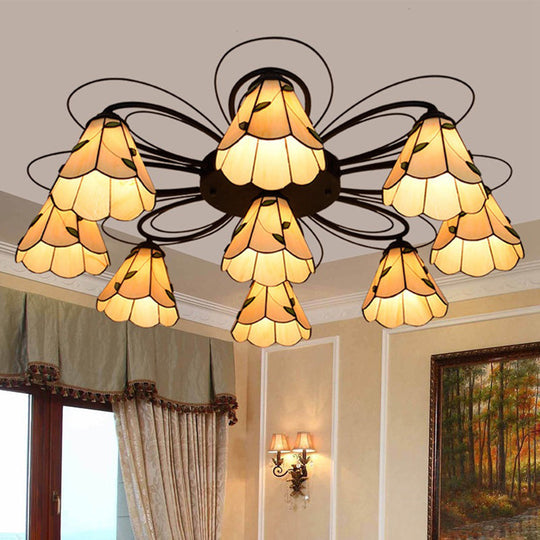 Mediterranean Stained Glass Semi - Flush Mount Light Fixture With Yellow/Blue Cone Design (3/7/9