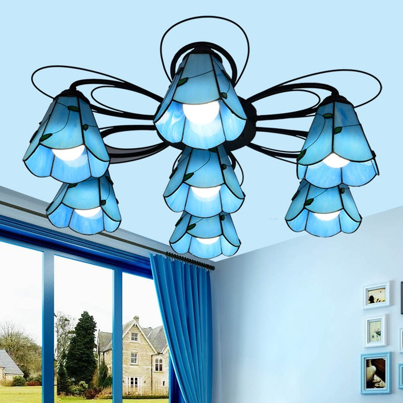 Mediterranean Stained Glass Semi - Flush Mount Light Fixture With Yellow/Blue Cone Design (3/7/9
