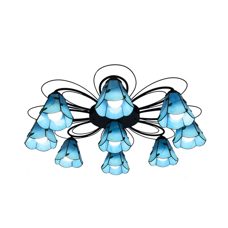 Mediterranean Stained Glass Semi - Flush Mount Light Fixture With Yellow/Blue Cone Design (3/7/9