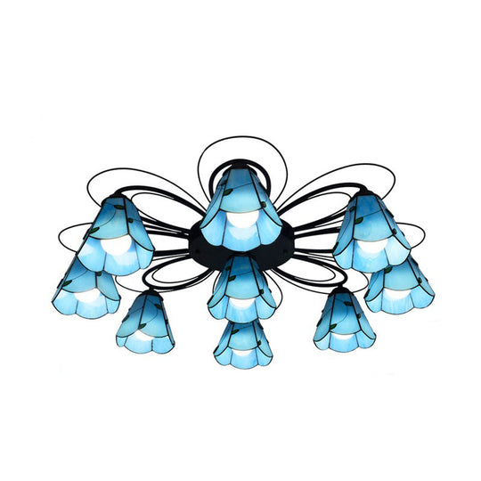 Mediterranean Stained Glass Semi - Flush Mount Light Fixture With Yellow/Blue Cone Design (3/7/9