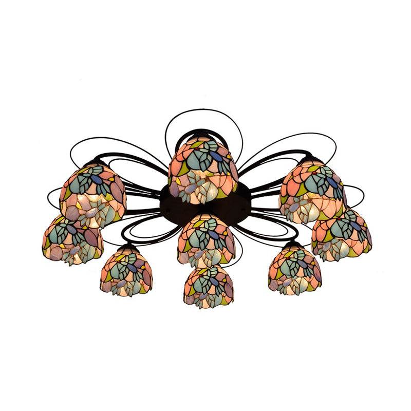 Tiffany Stained Glass Bowl Ceiling Light Fixture - Red/Orange/Green Semi Flush Mount 3/7/9 Heads 9