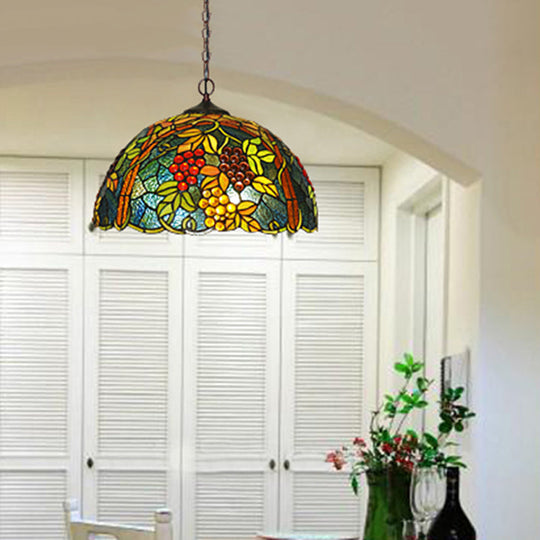 Mediterranean Stained Glass Hanging Light - Green Dome 8’/12’ Bronze Pendant / 12’