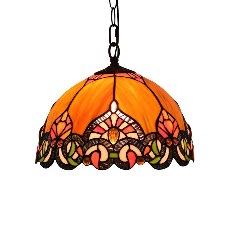 Victorian Domed Ceiling Pendant With 1 Light: Elegant Orange Cut Glass Hanging Light Kit For Living