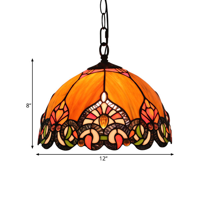Victorian Domed Ceiling Pendant With 1 Light: Elegant Orange Cut Glass Hanging Light Kit For Living