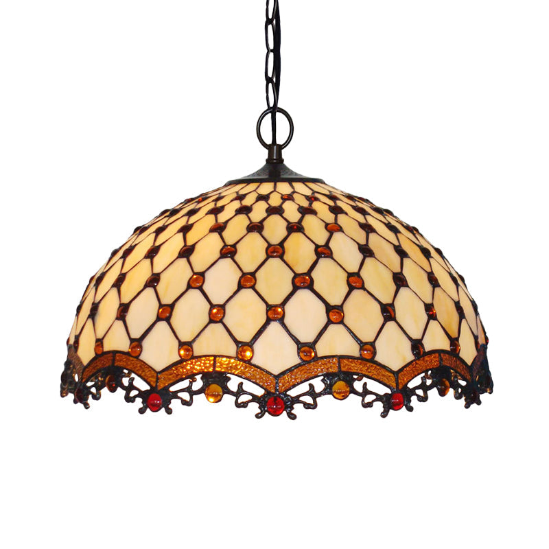Mediterranean Beige Stained Glass Ceiling Lamp: Scalloped Design 1 Light Suspension Pendant For