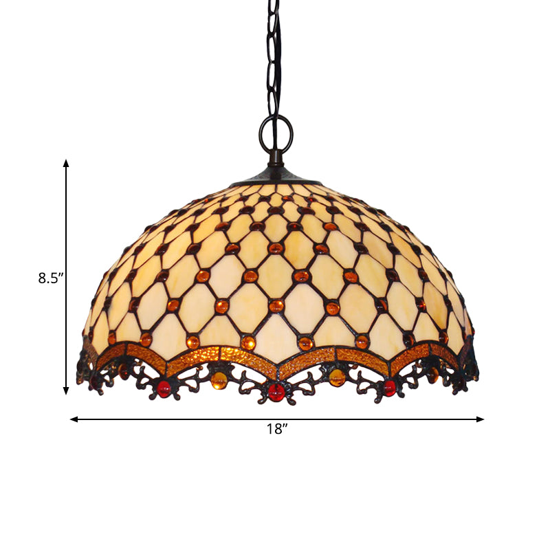 Mediterranean Beige Stained Glass Ceiling Lamp: Scalloped Design 1 Light Suspension Pendant For