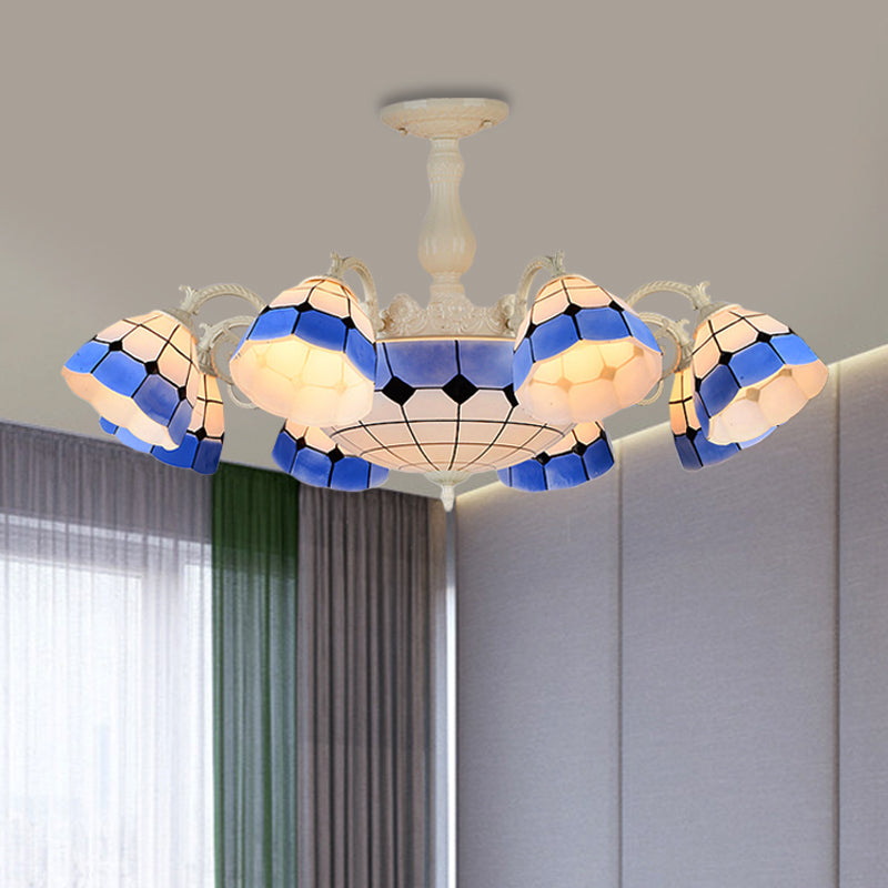 Tiffany - Style Semi Flush Ceiling Lamp: Grid Patterned Blue Cut Glass - Ideal For Living Room