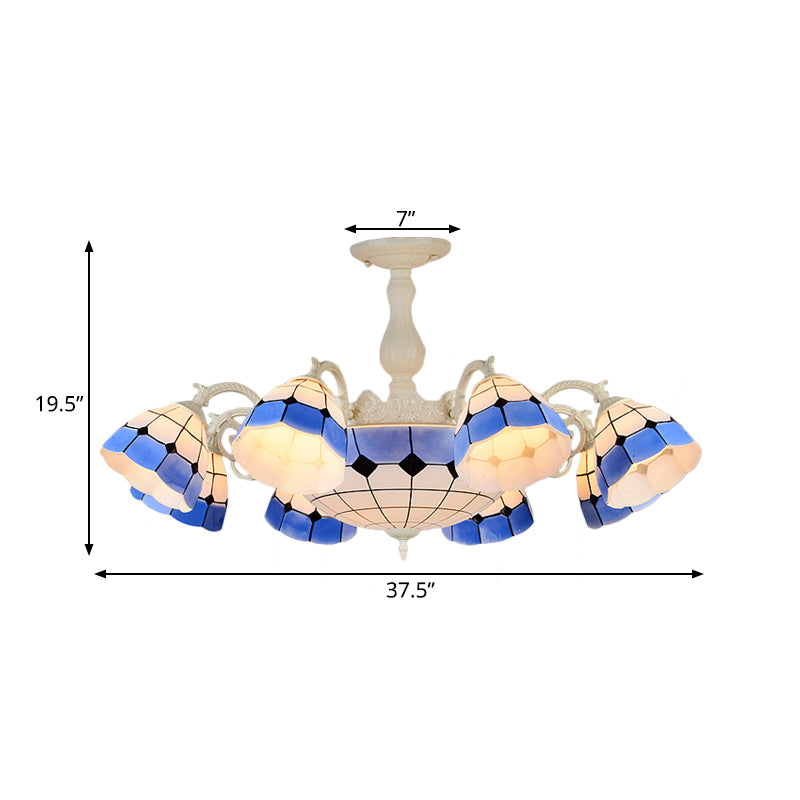 Tiffany - Style Semi Flush Ceiling Lamp: Grid Patterned Blue Cut Glass - Ideal For Living Room
