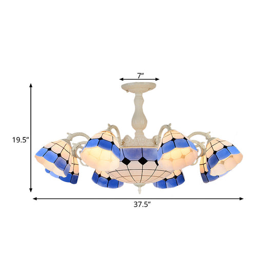 Tiffany - Style Semi Flush Ceiling Lamp: Grid Patterned Blue Cut Glass - Ideal For Living Room