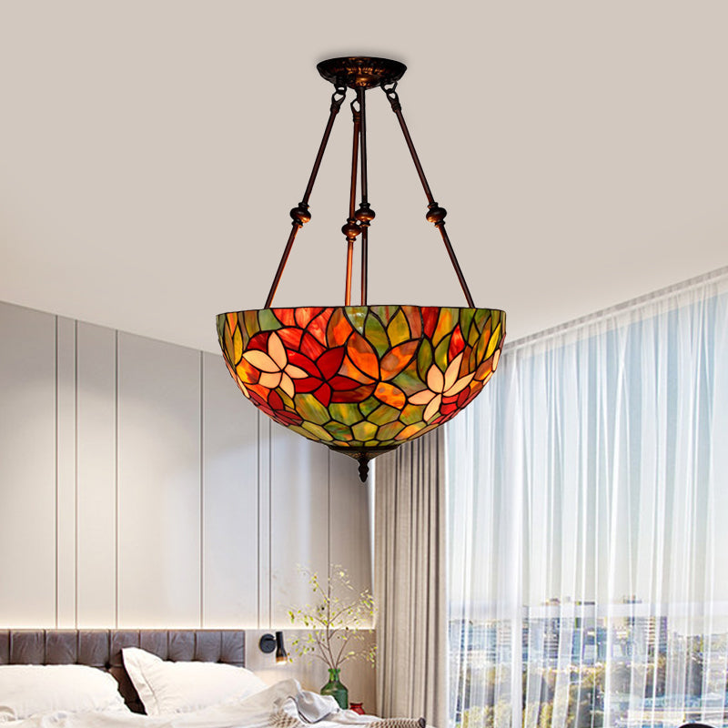 Victorian Stained Glass Ceiling Light With 3 Blossom Semi-Flush Mount Lights In Red/Orange/Green For