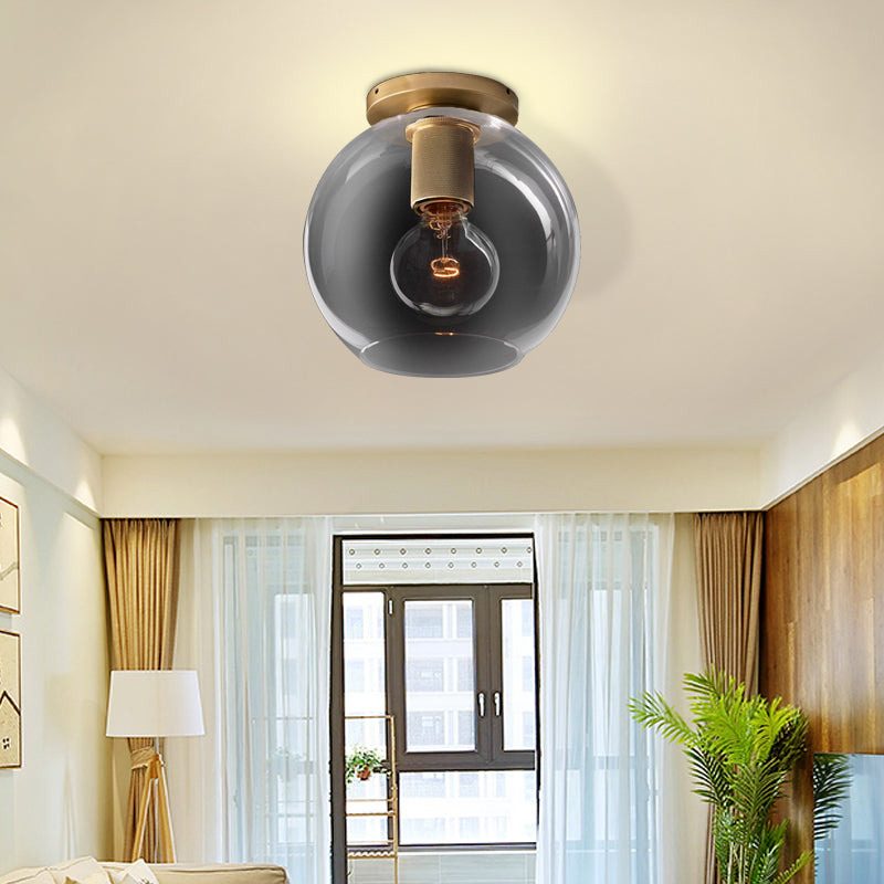 Modern Glass Flush Pendant Ceiling Light In Brass For Balcony - Globe Cone Cylinder Trumpet Shapes /