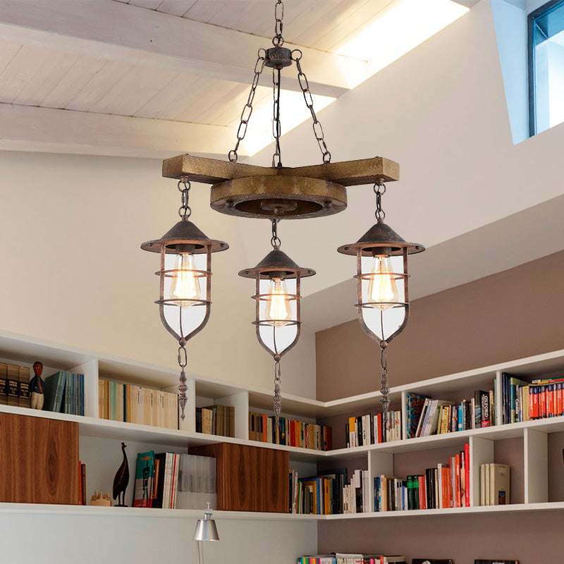 Wooden Hanging Light Kit For Restaurants: Metal Caged Chandelier With 3/7 Lights