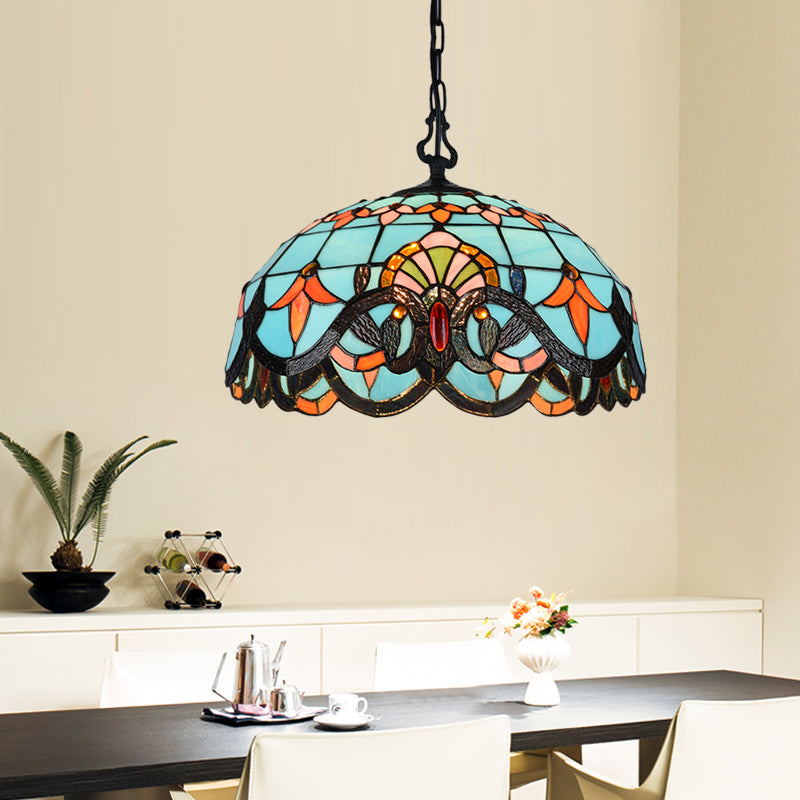 Blue Cut Glass Pendant Light Kit - 12’/16’ W Domed 1 Mediterranean Style / 12’
