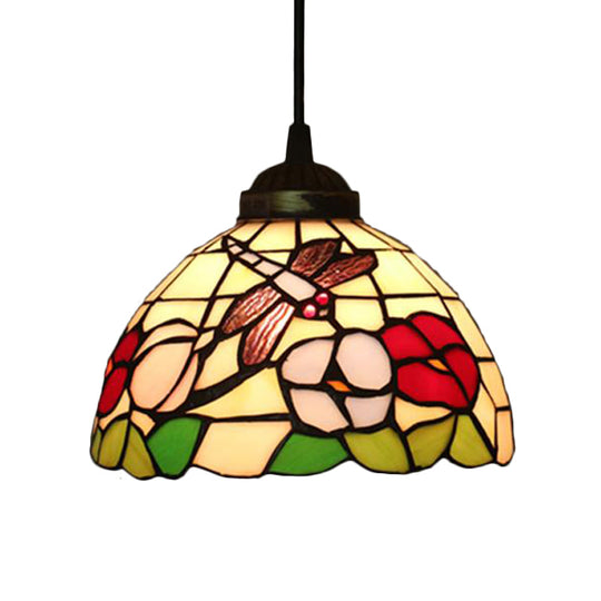 Victorian Floral Ceiling Pendant Light Fixture For Dining Room - Beige/Red/Pink Cut Glass Hanging