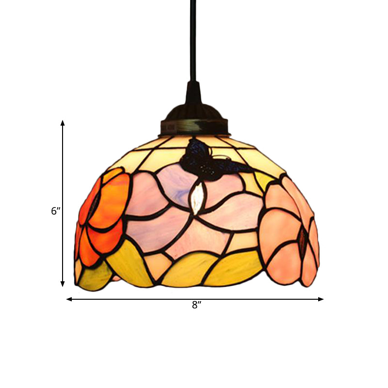 Victorian Floral Ceiling Pendant Light Fixture For Dining Room - Beige/Red/Pink Cut Glass Hanging
