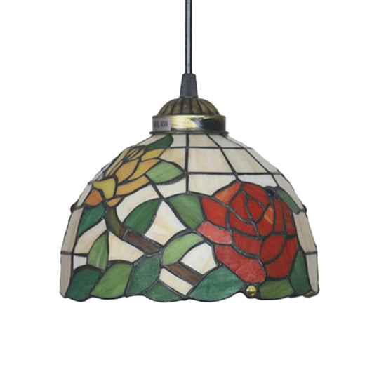 Victorian Floral Ceiling Pendant Light Fixture For Dining Room - Beige/Red/Pink Cut Glass Hanging
