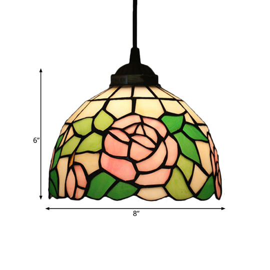 Tiffany Style Blossom Pendant Light Fixture Red/Pink/Green Cut Glass Bronze Down Lighting For