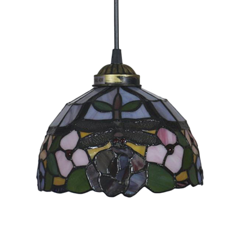 Tiffany Style Blossom Pendant Light Fixture Red/Pink/Green Cut Glass Bronze Down Lighting For