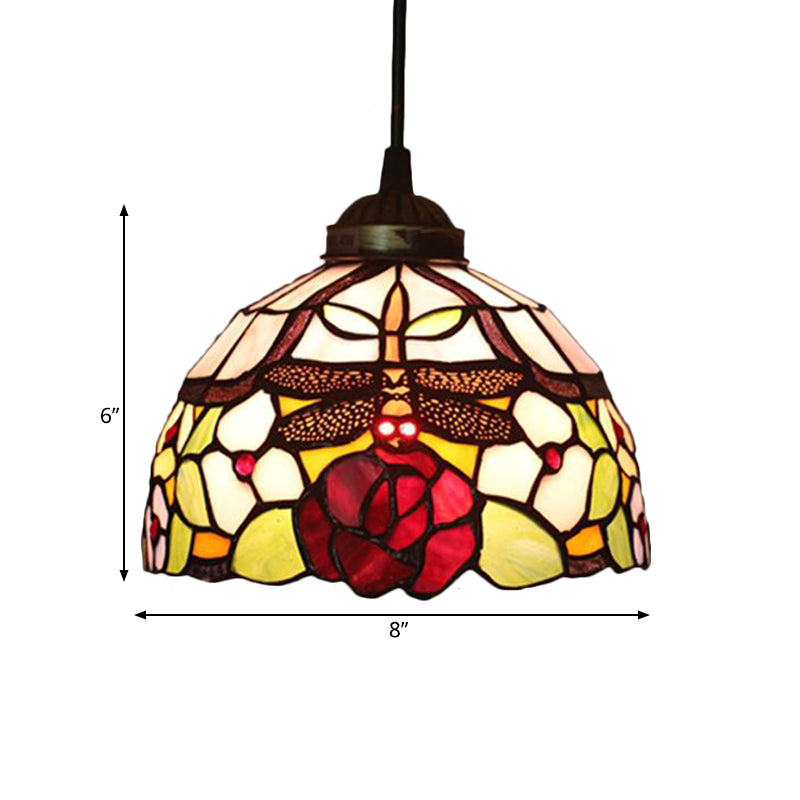 Tiffany Style Blossom Pendant Light Fixture Red/Pink/Green Cut Glass Bronze Down Lighting For