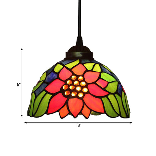 Tiffany Style Blossom Pendant Light Fixture Red/Pink/Green Cut Glass Bronze Down Lighting For
