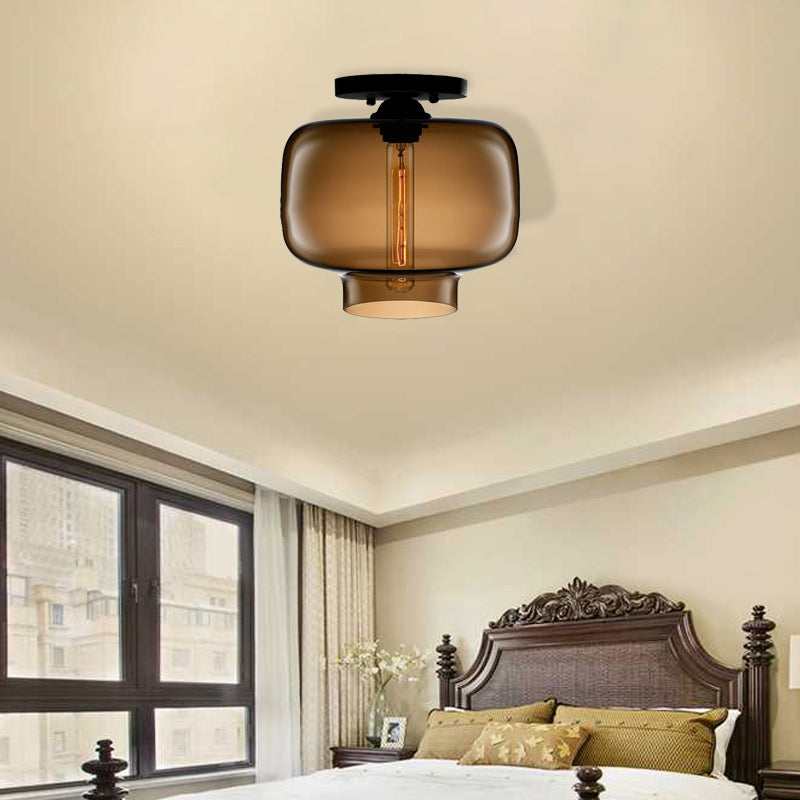 Modern Multi-Colored Lantern Flushmount Light With Glass Shade - Black Finish Coffee