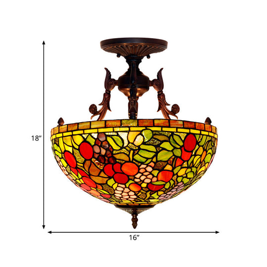 Mediterranean Flower Stained Glass Ceiling Light For Bedroom - 3-Light Semi Flush Mount In