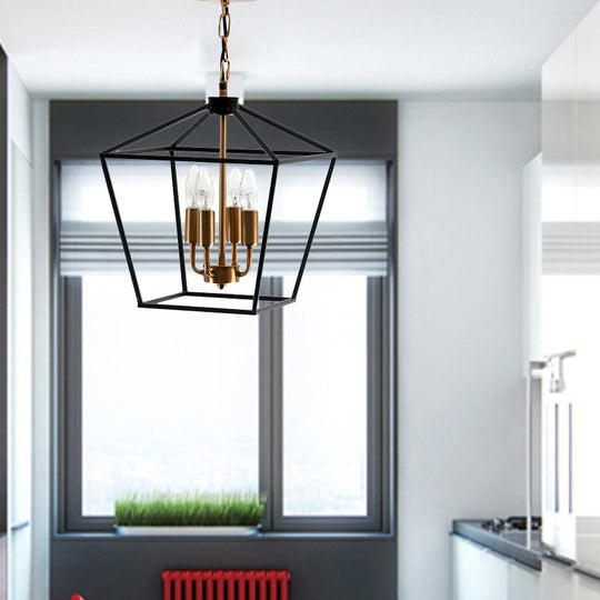 Industrial Black Chandelier With 4 Cage Metal Pendant Lights