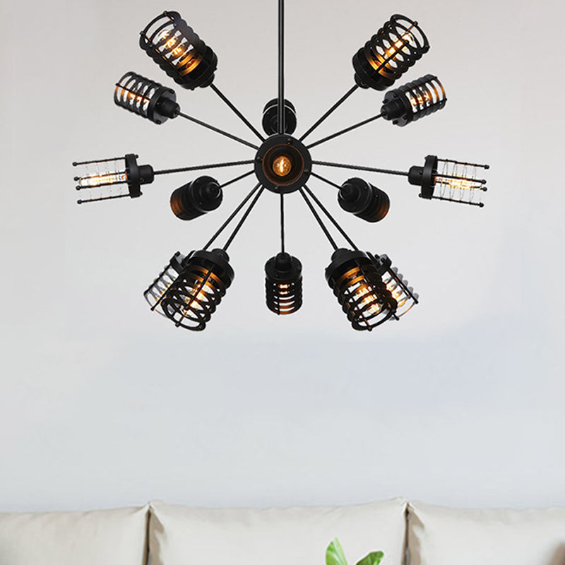 Vintage Black Chandelier Light: Starburst Metal With 9/12/15 Heads & Cylinder Frame Shade For