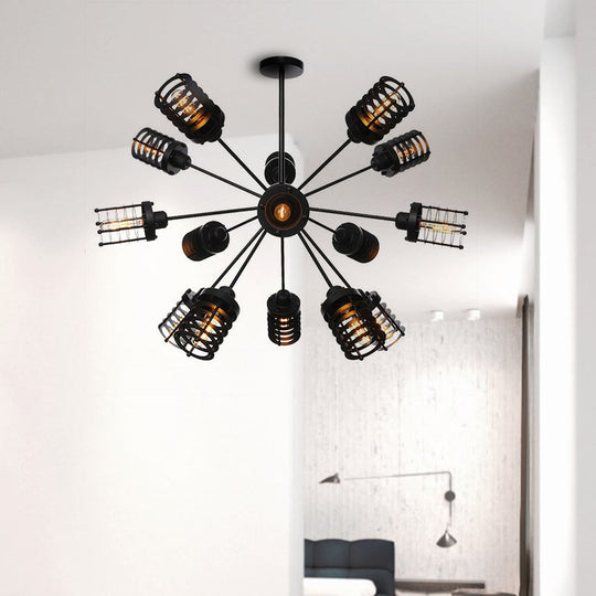 Vintage Black Chandelier Light: Starburst Metal With 9/12/15 Heads & Cylinder Frame Shade For